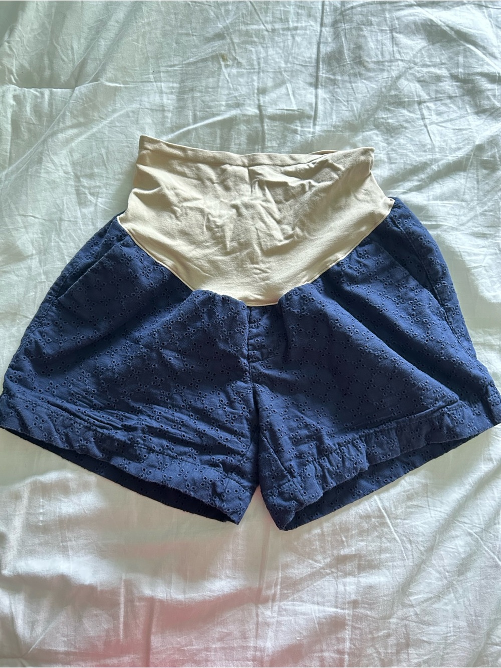 Old Navy Navy Eyelet High-Waist Maternity Shorts with Cream Band
